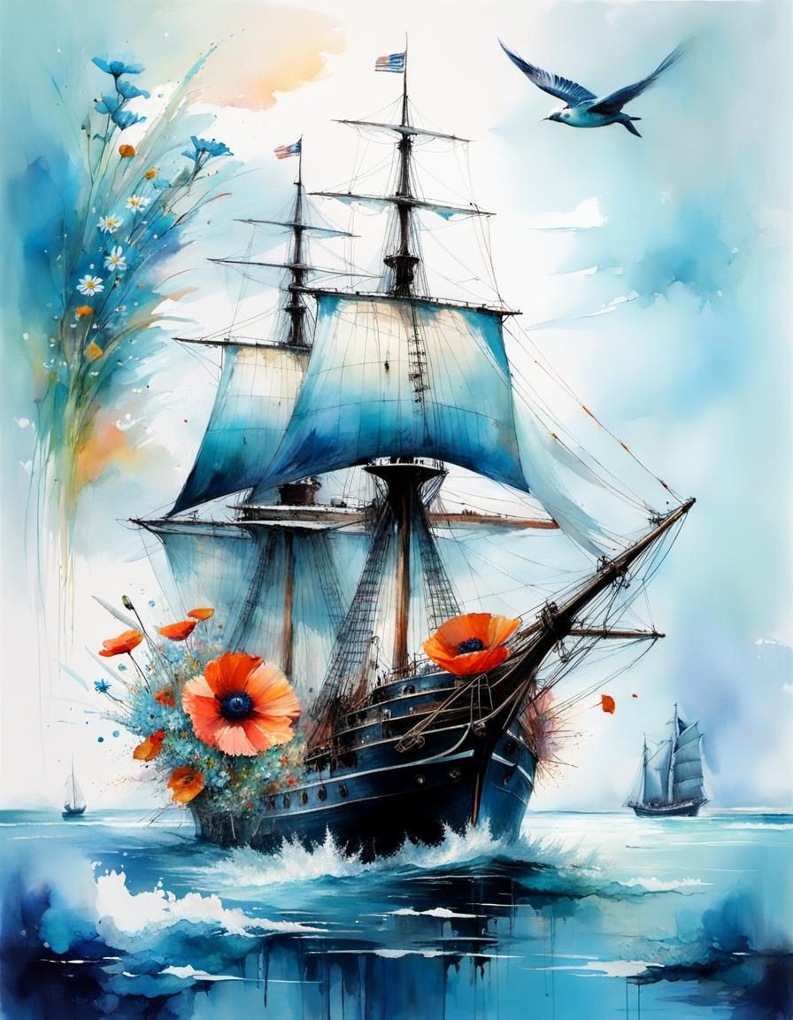 Sailing Ship Amidst Poppies in Pastel Hues