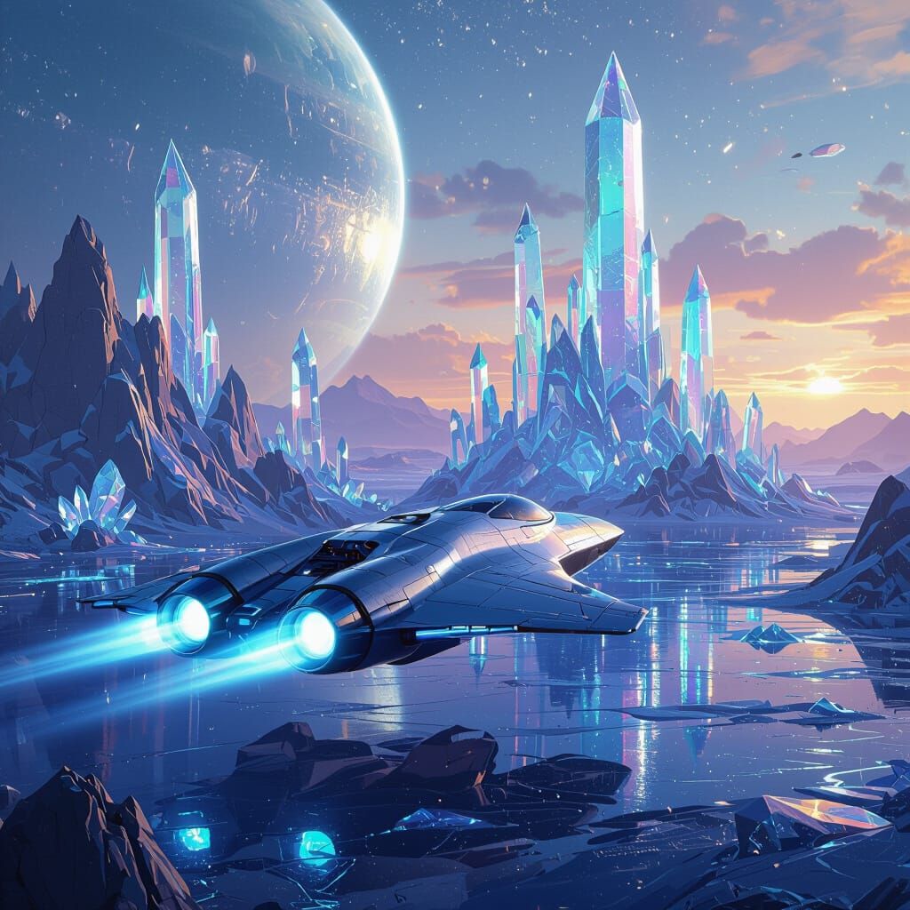 Spacecraft Approaches Crystalline Planet in Futuristic Style