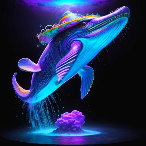 Psychedelic Whale in Chilli Sea, Hyperrealistic Digital Art