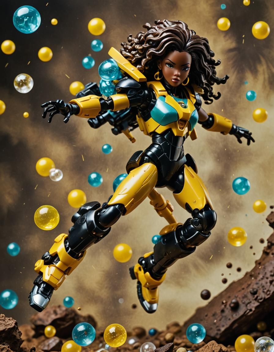 Dynamic Black Woman Action Figure in Retro Seapunk Style