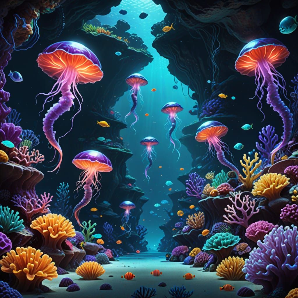 Mermaids in a Vibrant Underwater Cave