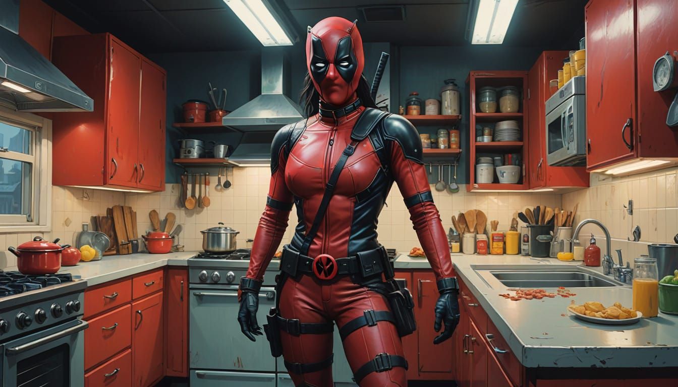 WWF Wrestler CHYNA dressed as Deadpool doing a cooking show on Food Network with special guest stars who you cannot see