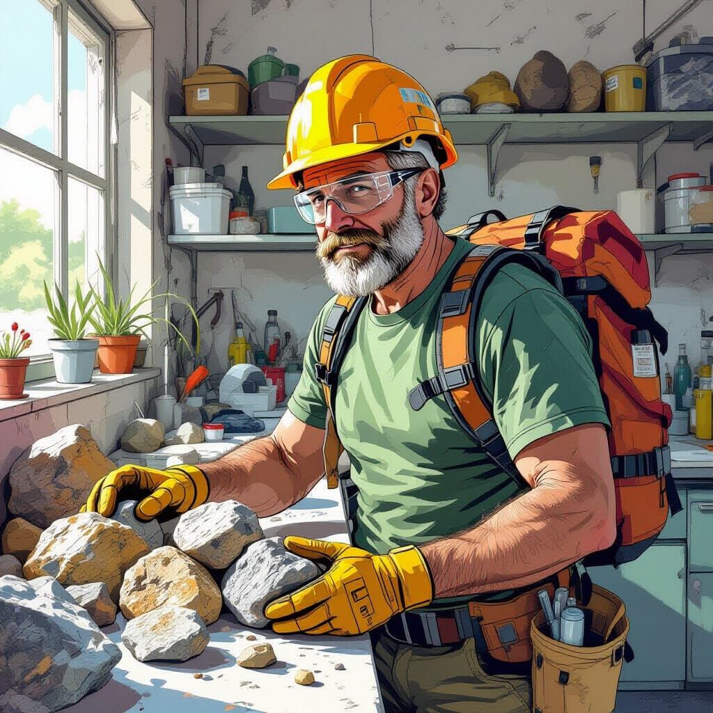 Italian Geologist Examining Rock Samples, Comic Book Art