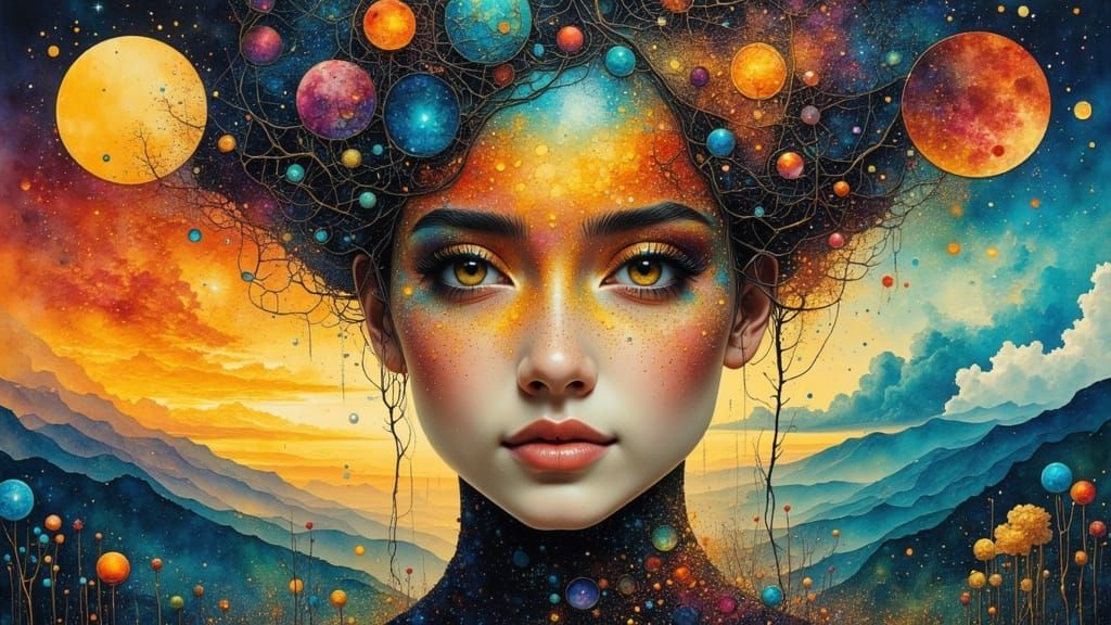 Serene Asian Man's Face in Surreal Landscape