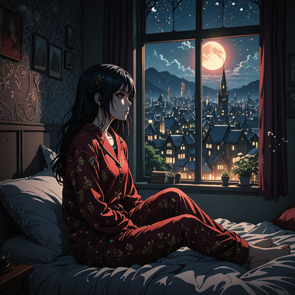 Girl Sees Magical Cityscape Through Window in Vibrant, Gothi...