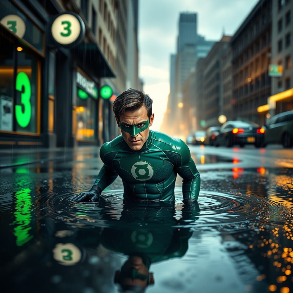 Green Lantern Hal Jordan Emerges from Puddle in Hyperrealist...