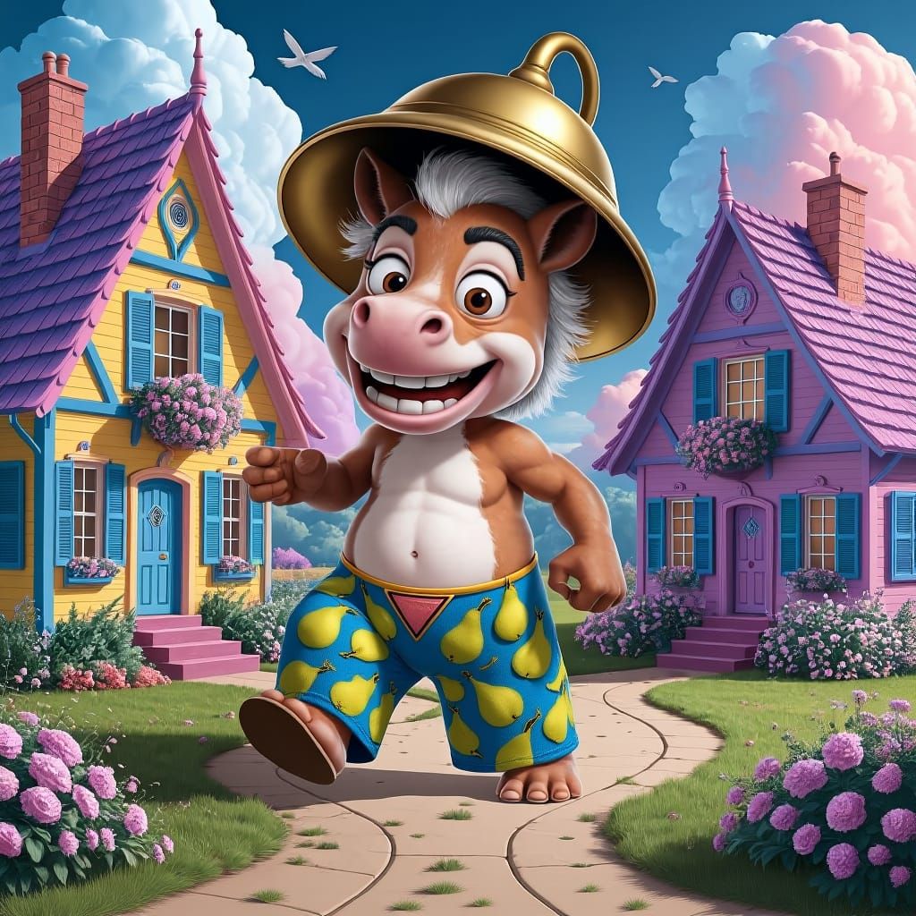 Character with Pants Covered in Embroidered Pear Patterns