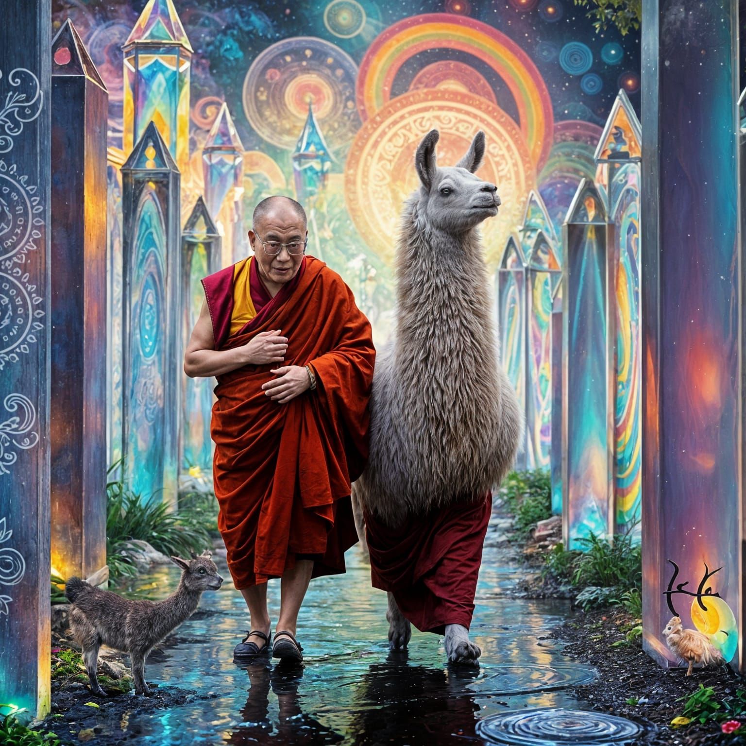 The Dalai Lama's Serene Stroll in a Vibrant Crystal Garden