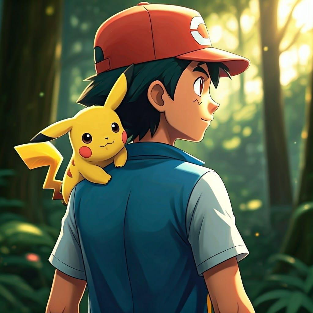 Pikachu and Ash Ketchum in Forest Clearing