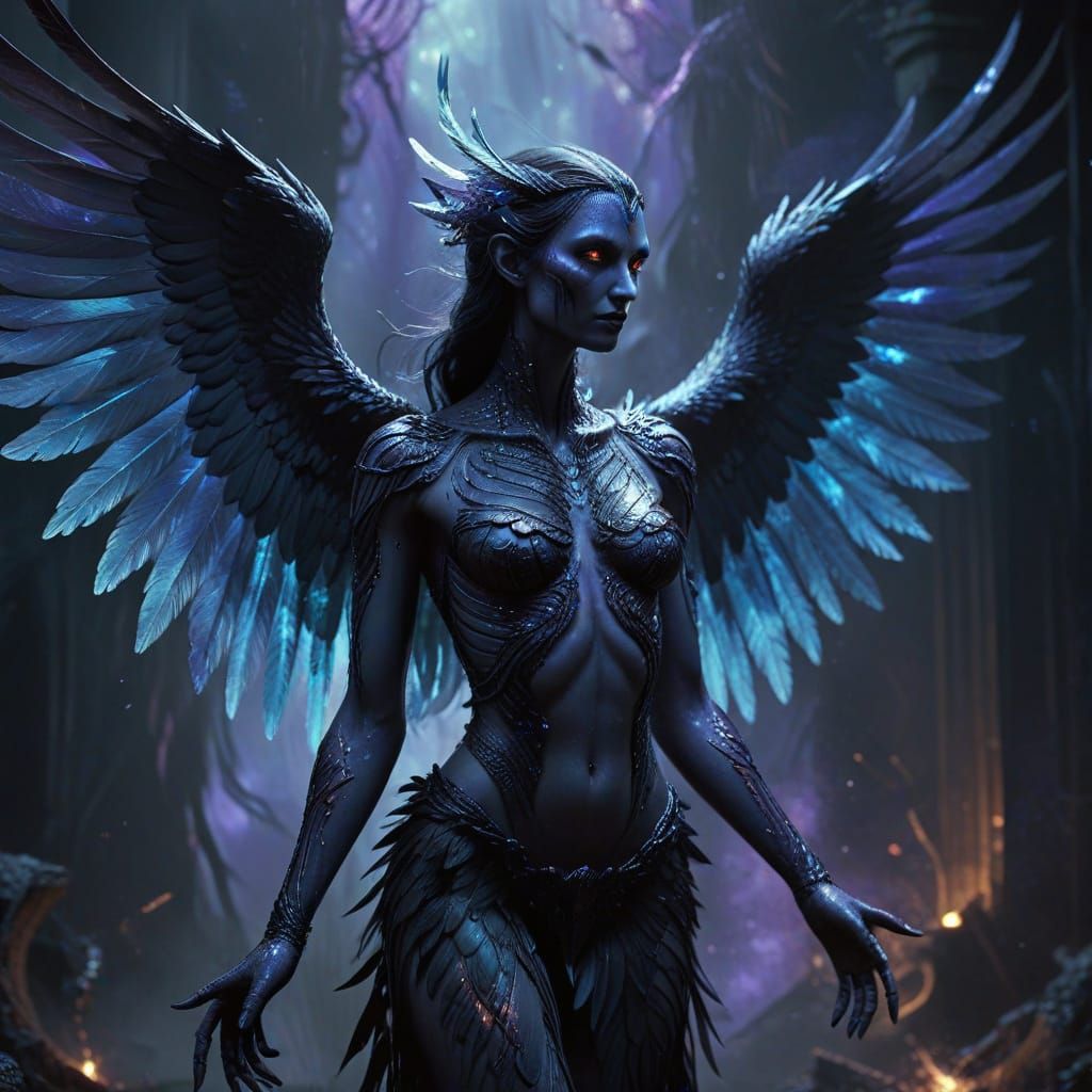 Ethereal Harpy in Dark, Iridescent Holographic Aura