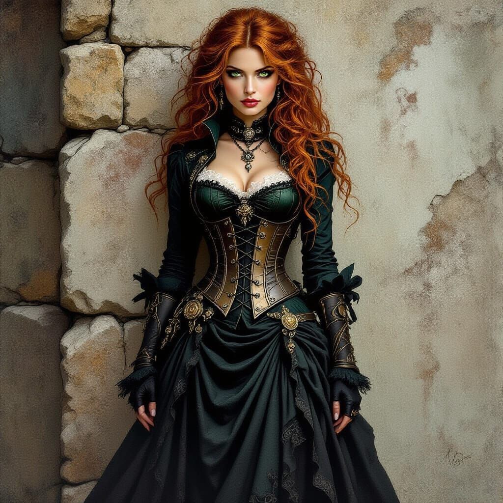 Oil painting of a beautiful Slavic enchantres her copper messy hair cascading around her face, and her alluring green ey...