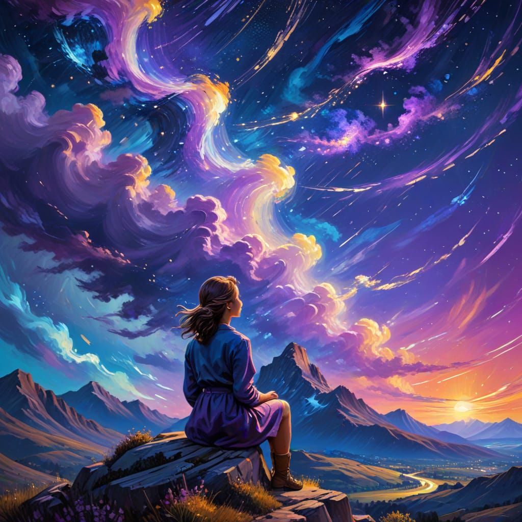 Woman on Mountain Gazing at Starry Sky in Van Gogh Style