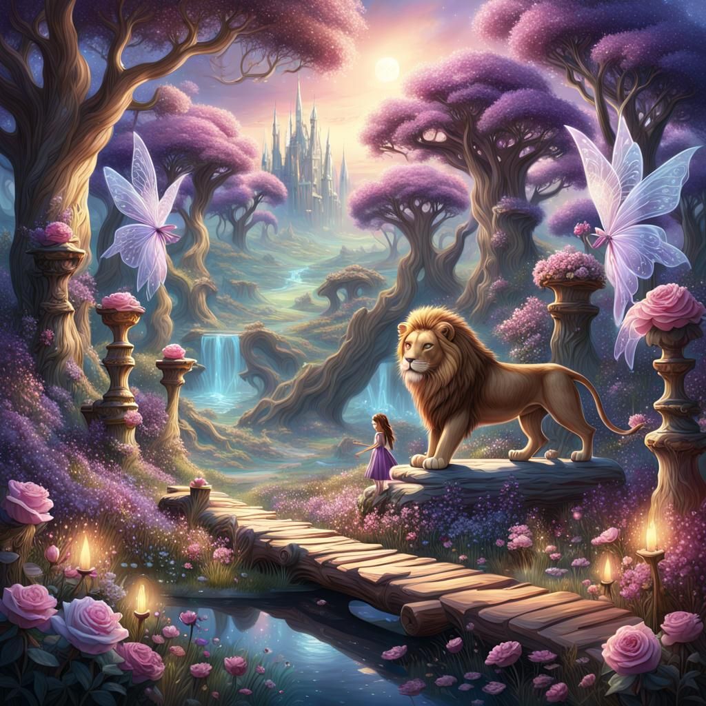 Fairies and Lion in Fantastical Floral Landscape