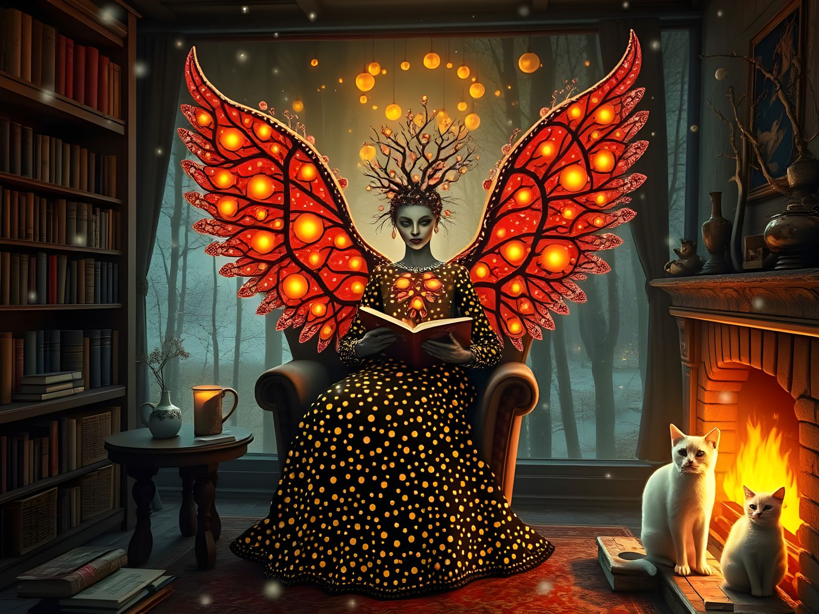 Ethereal Angel of Death in Whimsical Dot Pattern Landscape