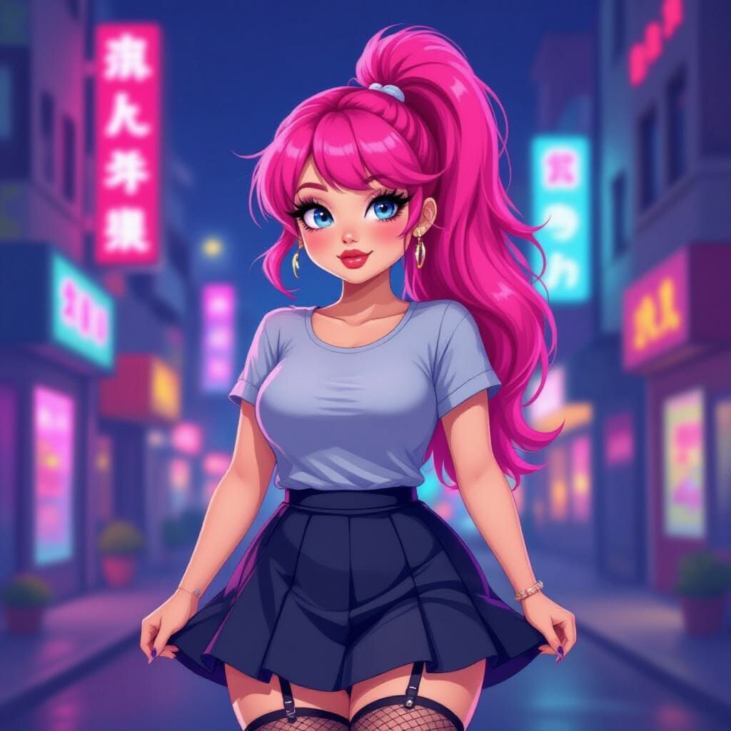 Chubby Woman with Pink Hair in Seoul, Kawaii Pop Art