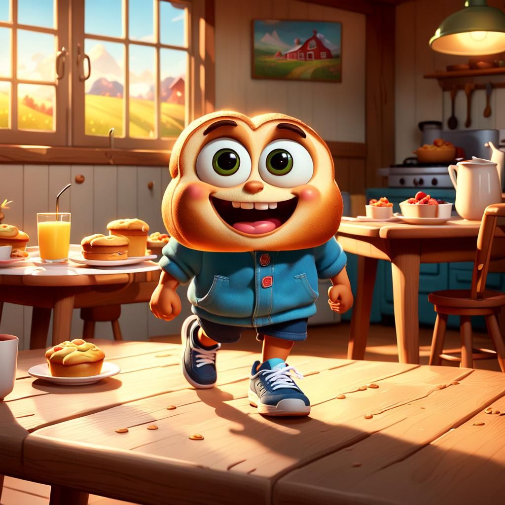 Happy Brioche Slice on Farmhouse Table in Pixar Style