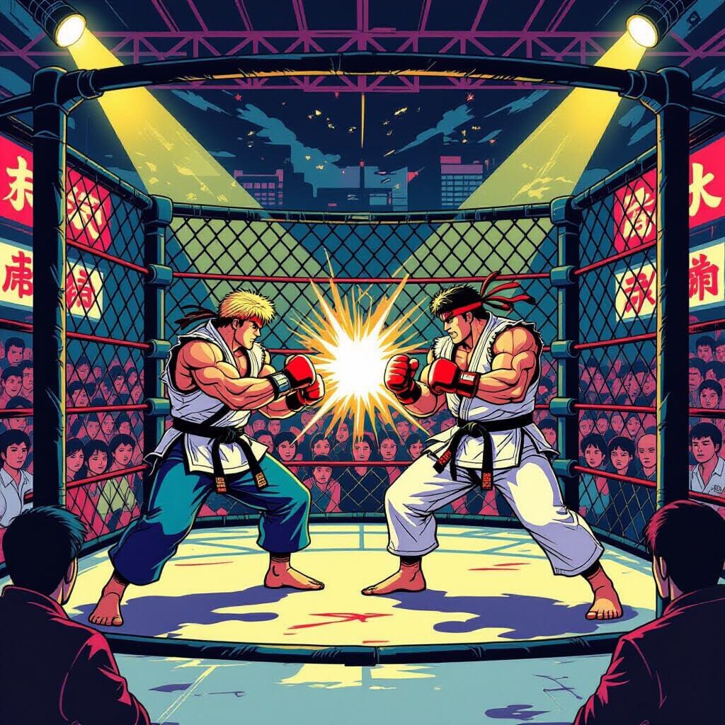 Ukiyo-e Style Ryu vs Ken Masters Street Fight in Cage