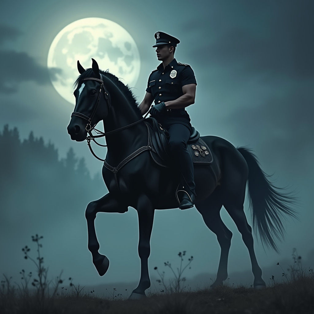 Heroic Policeman on Stallion in Misty Moonlight