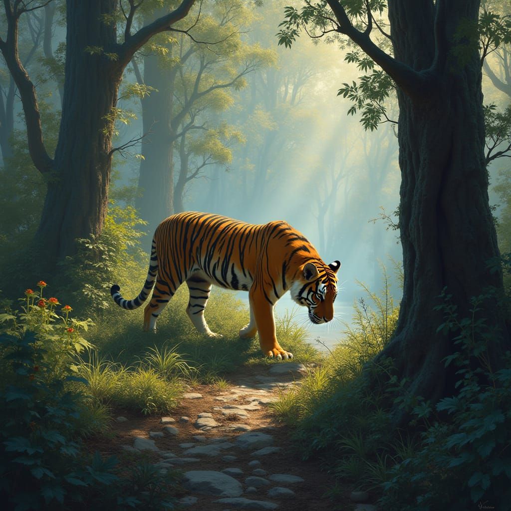 Tasmanian Tiger in Mysterious Forest Landscape