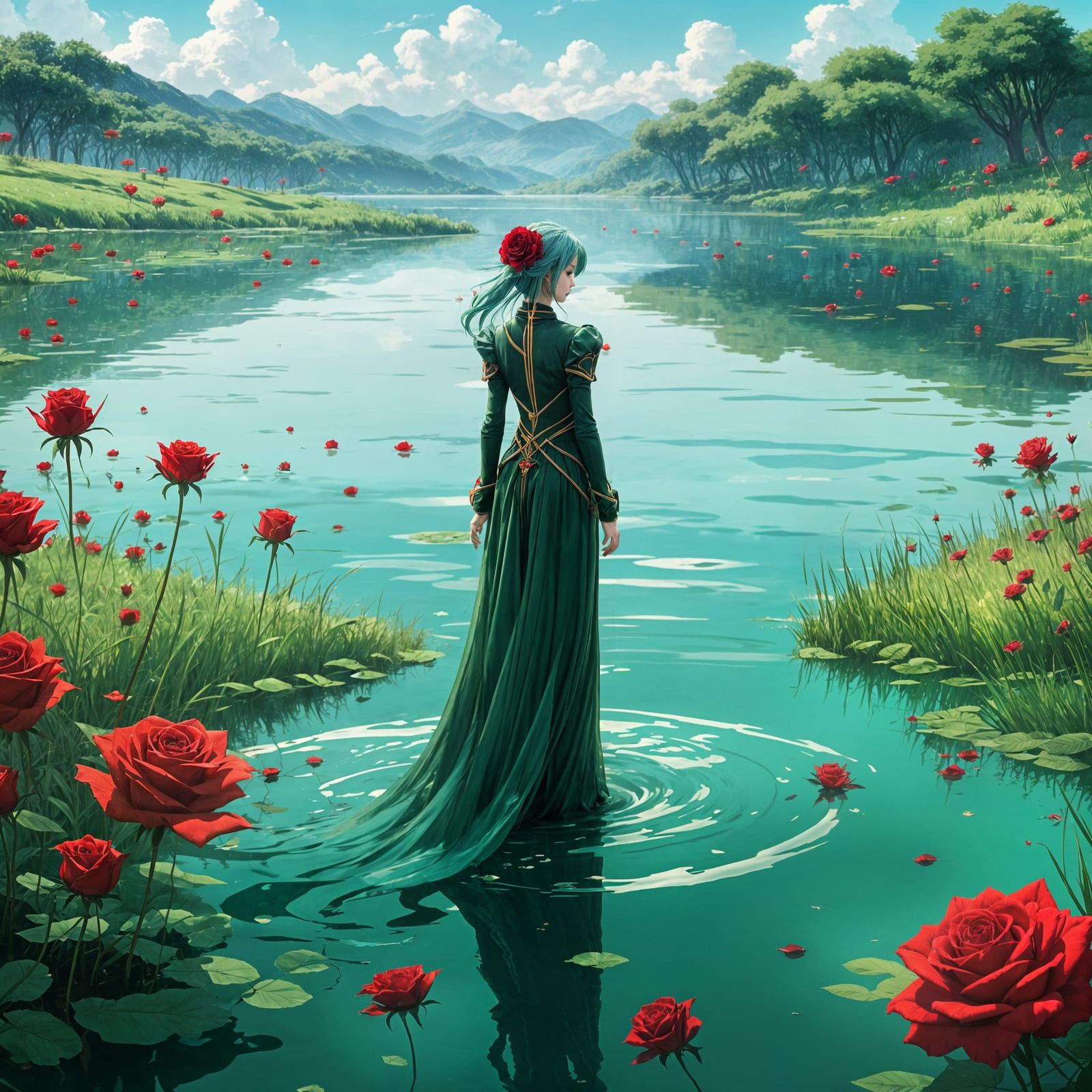 The Emerald Queen in Serene Anime-Inspired Landscape