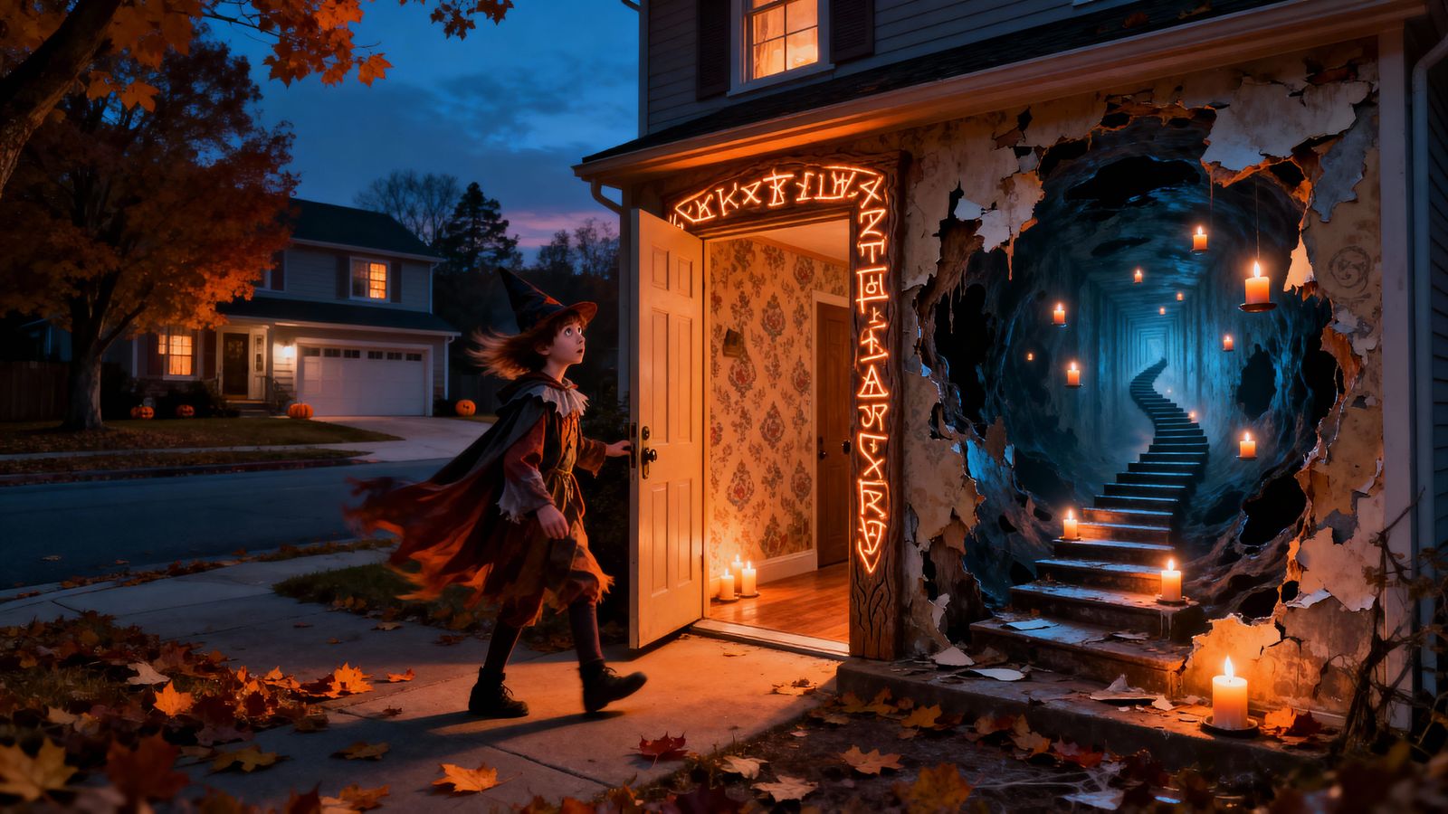 Halloween Portal: Otherworldly Corridor Beyond Open Door