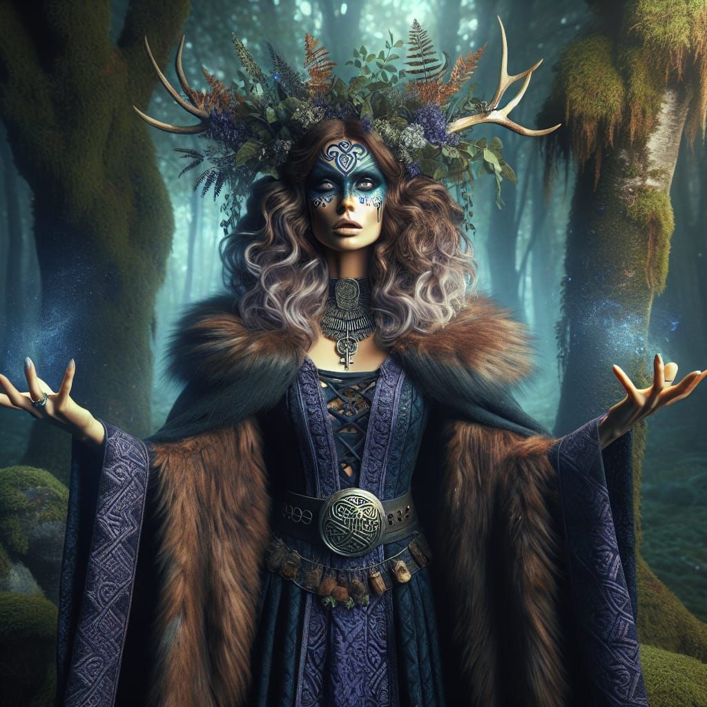 Celtic Witch Goddess in Forest, Art Nouveau Style