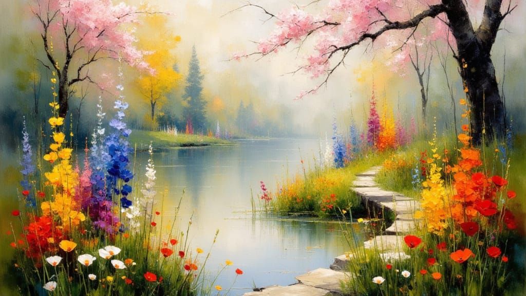 Spring Lake Reflection with Flowers and Ferns