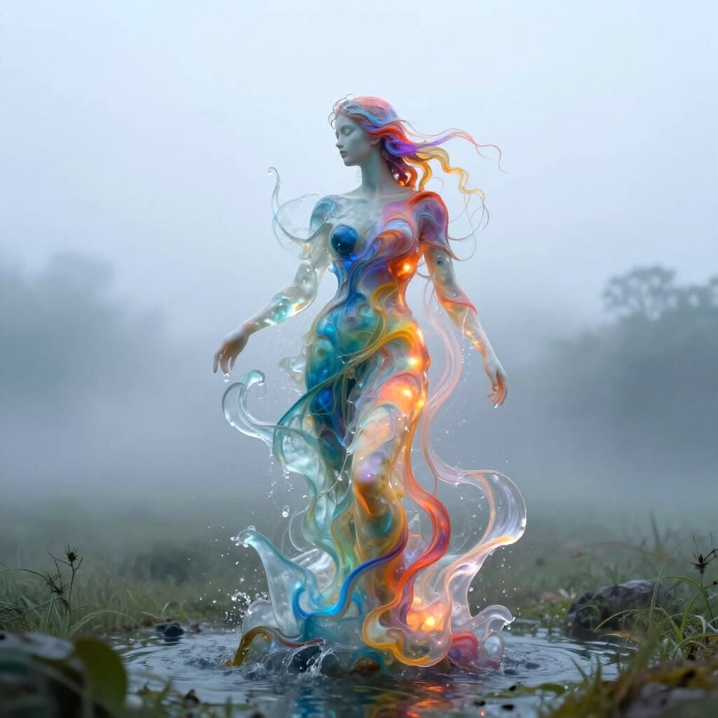 Ethereal Water Sculpture in Misty Landscape