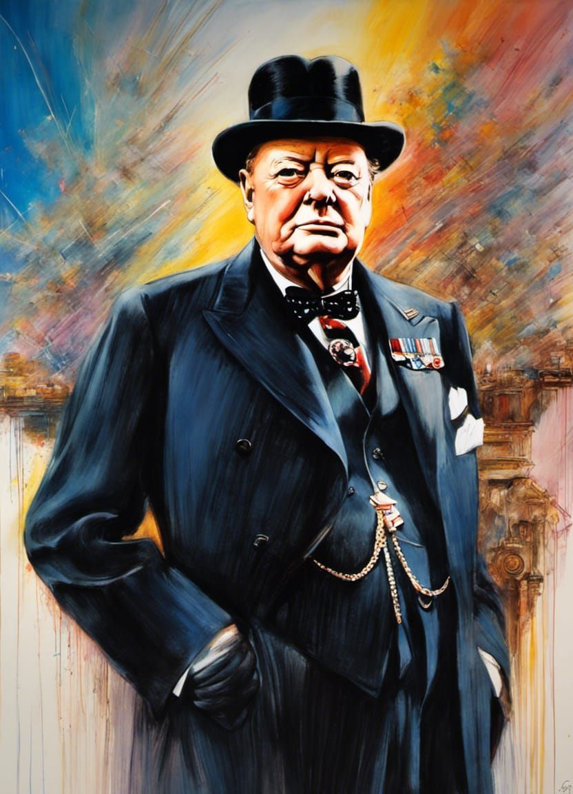 Winston Churchill Portrait in Mixed Media Style