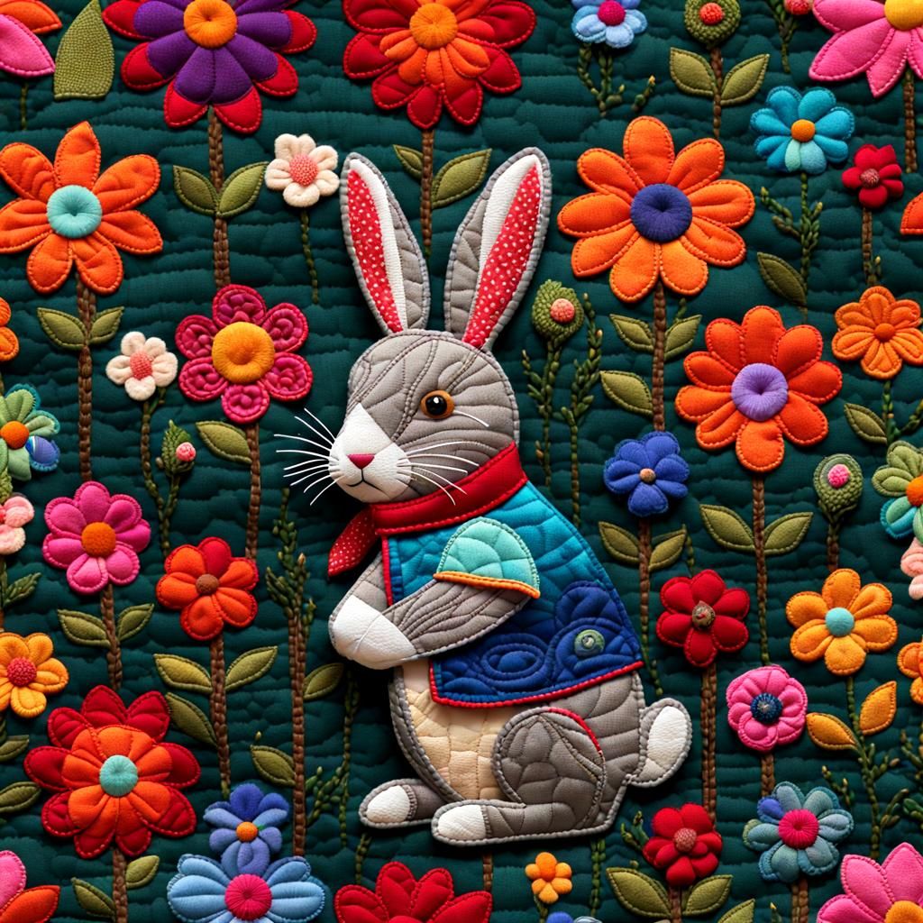 Quilted Chibi Rabbit Hiding in Flower Garden