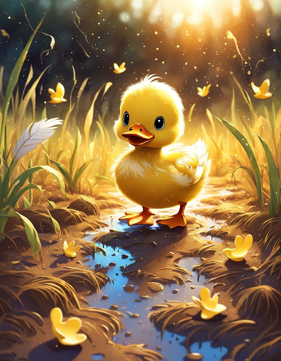 Cute Duckling Follows Footprints: Storybook Illustration