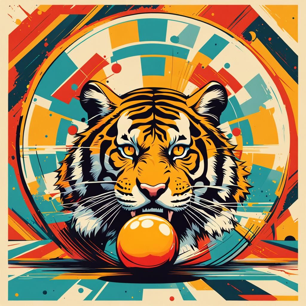 Tiger Bites Bowling Ball in Pop Art Style