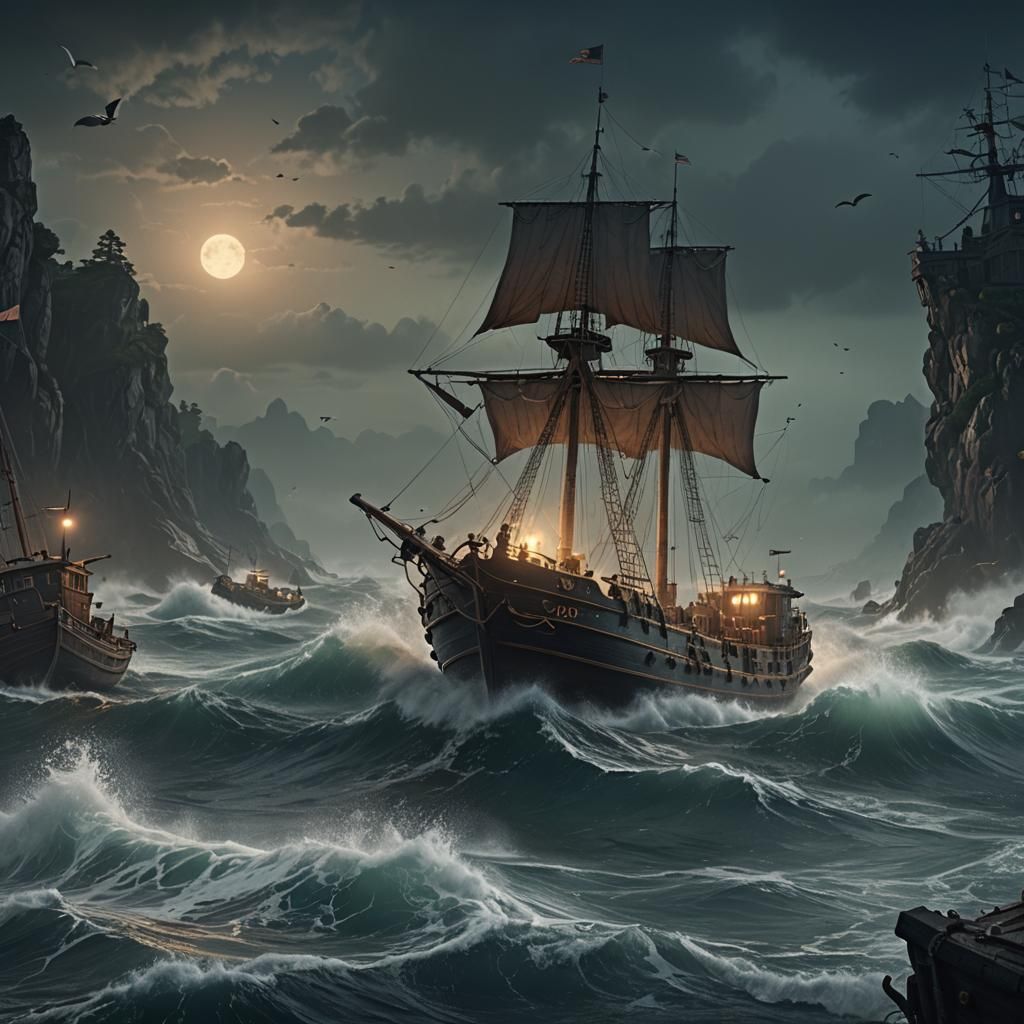 Sea, fishing boat, sailors, night, ghosts in the fog, whippi...