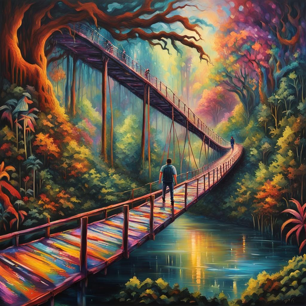 DNA Bridge Over Jungle River in Magic Realism