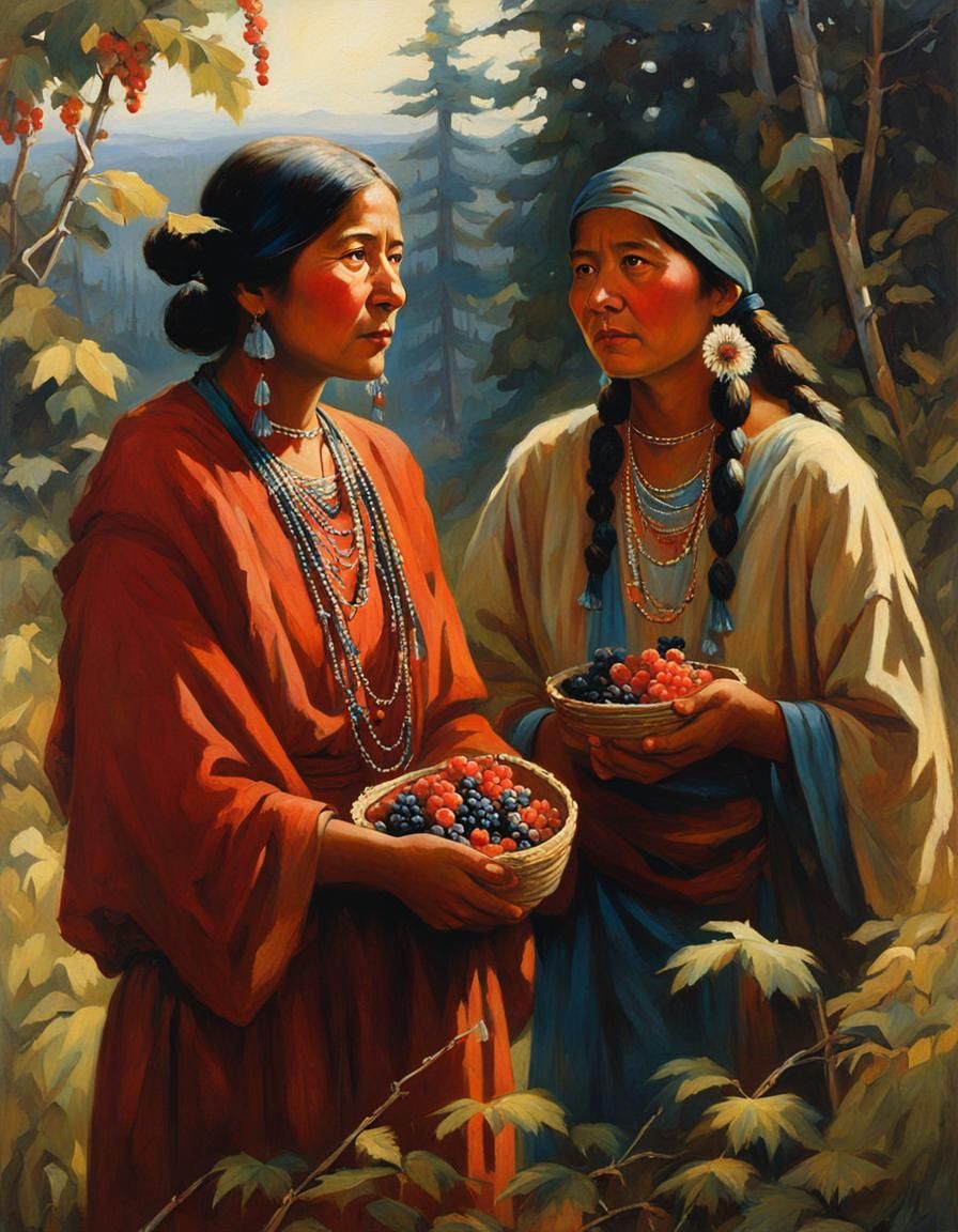 Native American Women Gathering Berries, Oil Painting