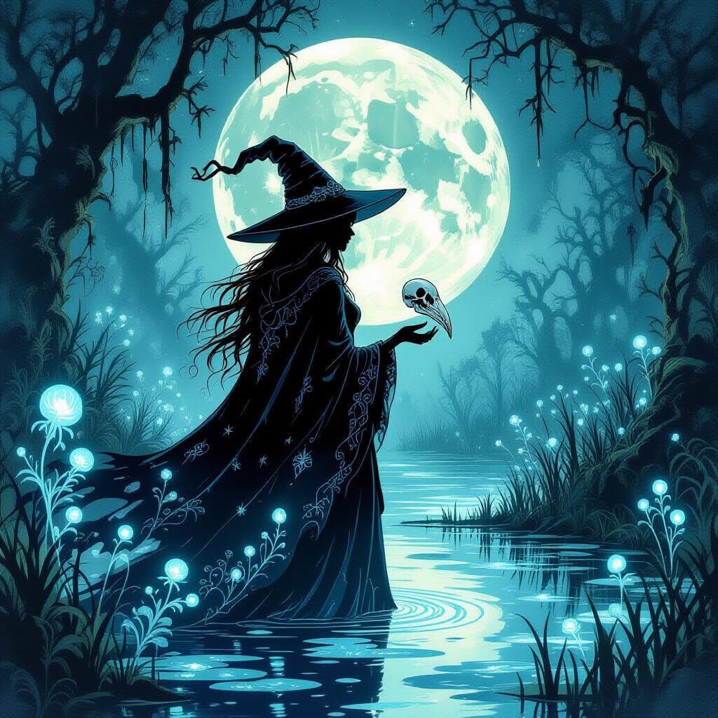 Witch in Bioluminescent Swamp, Ink Work Style