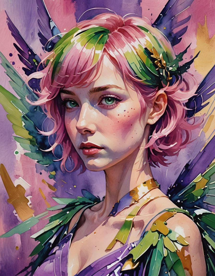 Pink-Haired Fairy Portrait in Gouache Watercolor Style