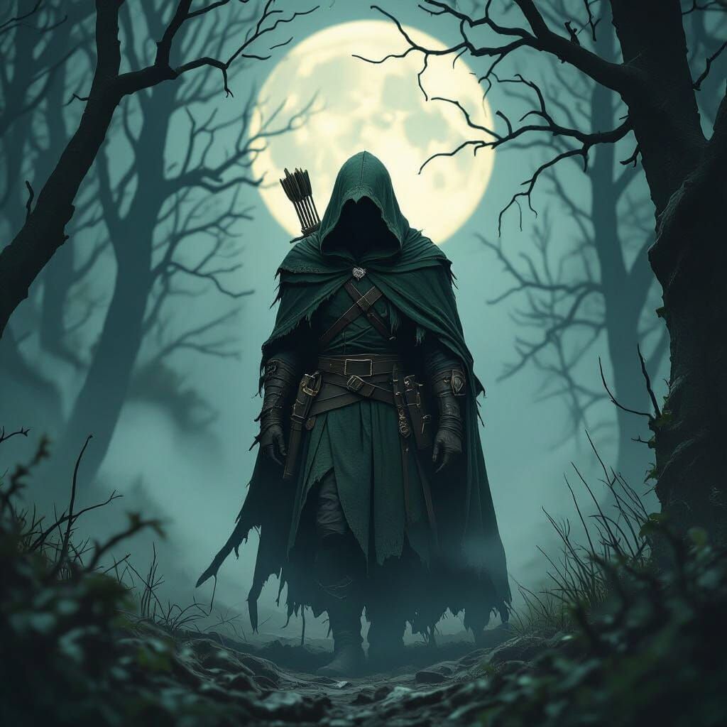 Mystical Robin Hood Figure in Moonlit Forest