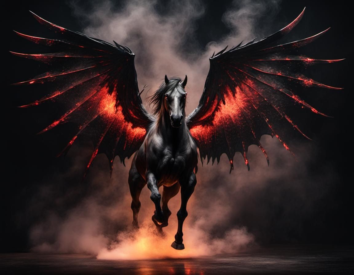 Demonic Stallion with Wings in Watercolor Style