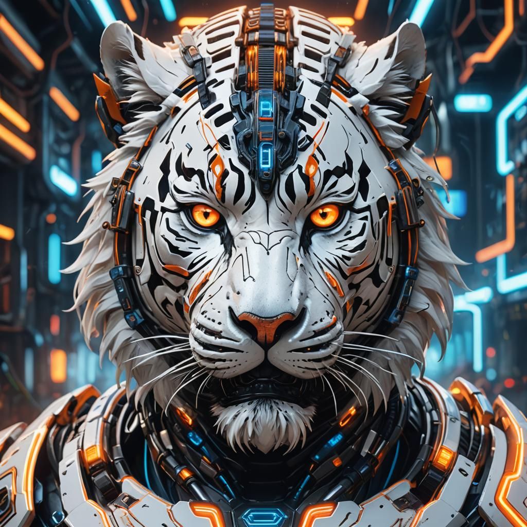 Cybernetic White Tiger in a Neon Jungle