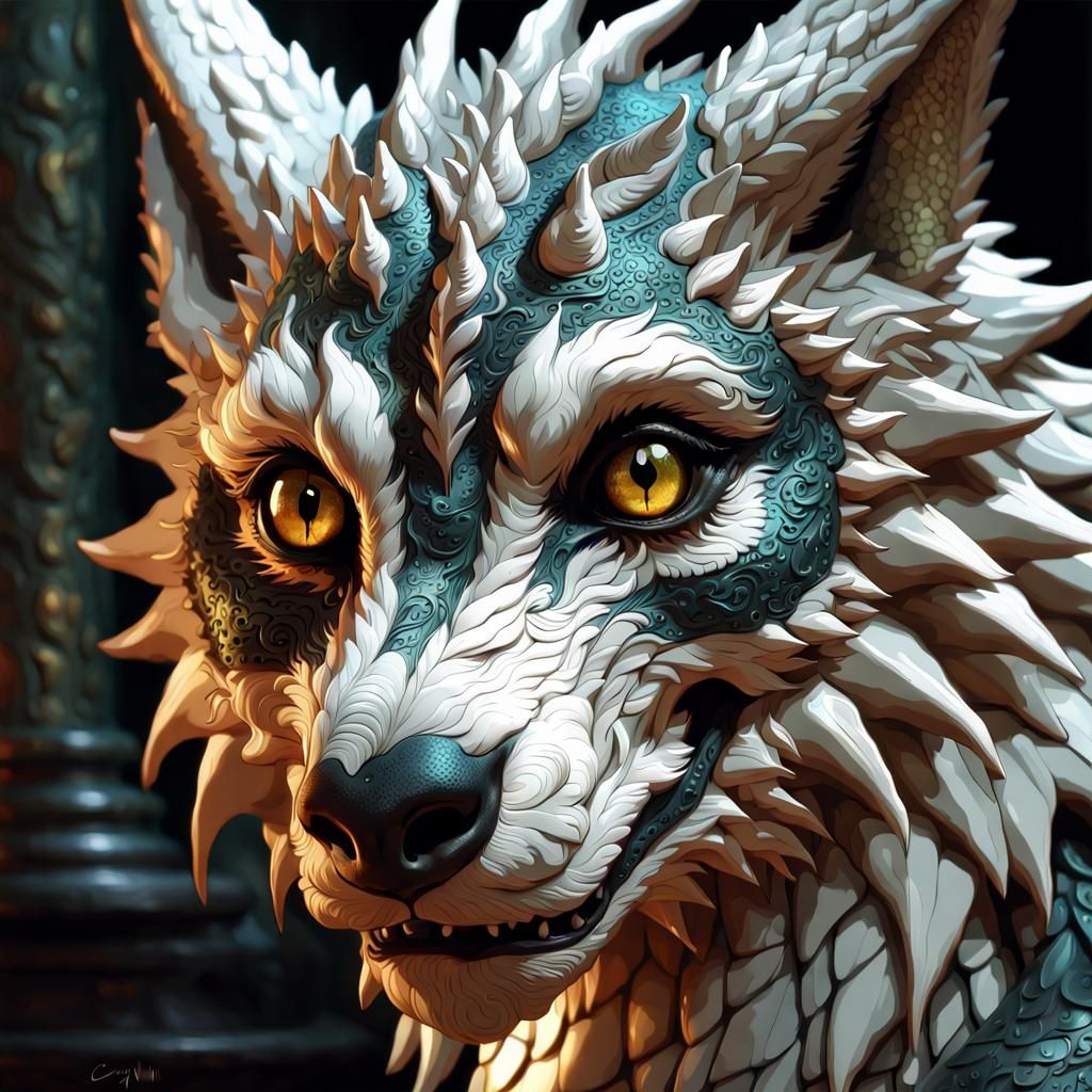 Detailed 3D Portrait of a Wolf-Dragon Hybrid