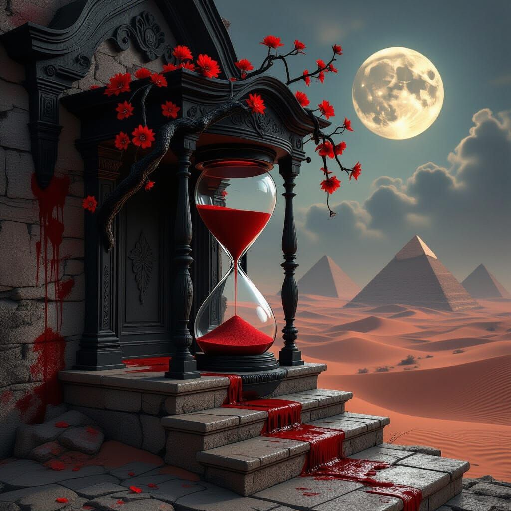 Surreal Gothic Hourglass in Crimson Dreamscape