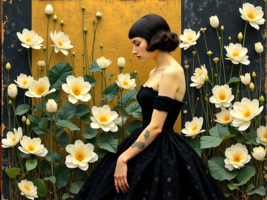 Art Deco Floral Impasto Painting in Black, White, and Gold