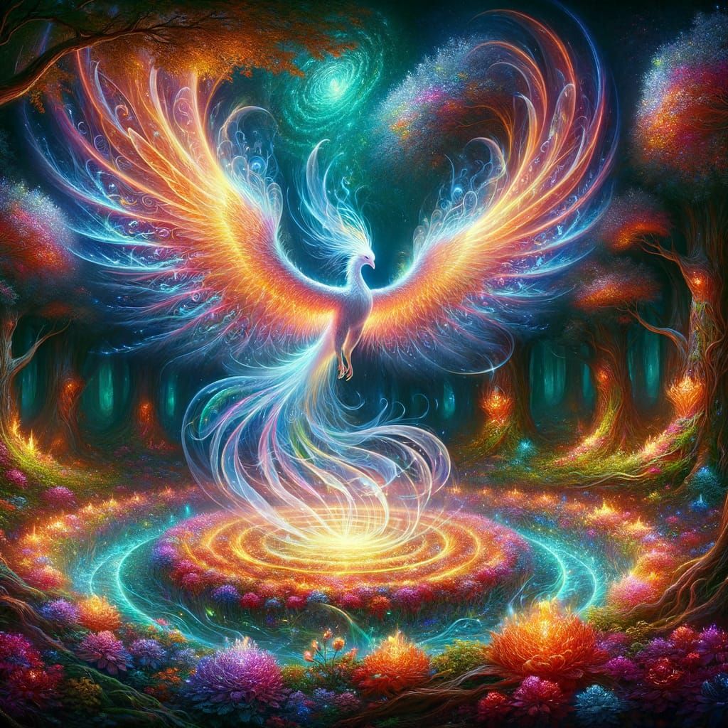 Ethereal Phoenix Illuminates Mystical Forest with Cosmic Ene...
