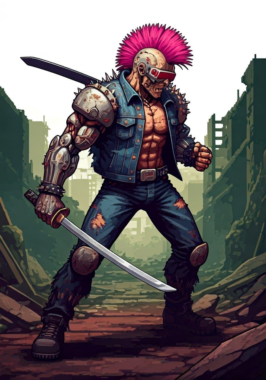 Cyborg Punk Warrior in Retro Pixel Art