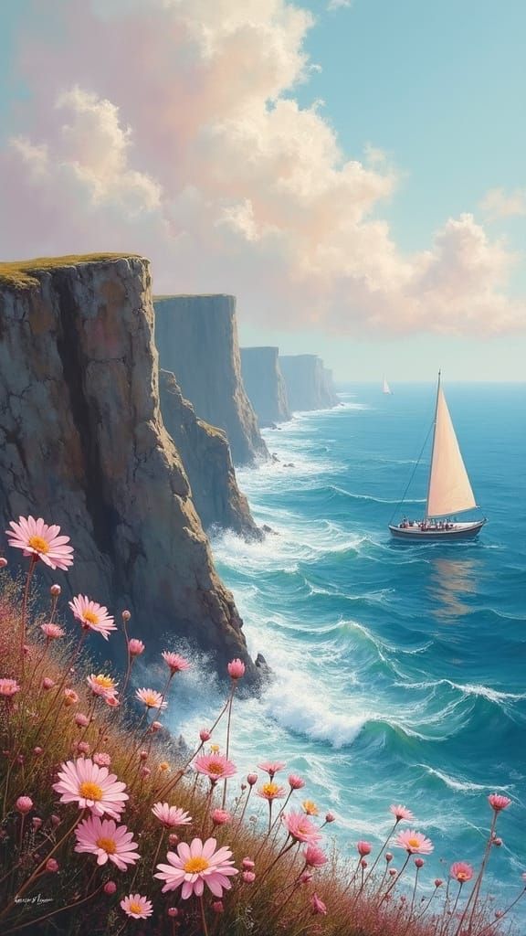 Whimsical Daisies Dancing on the Edge of a Dreamy Ocean