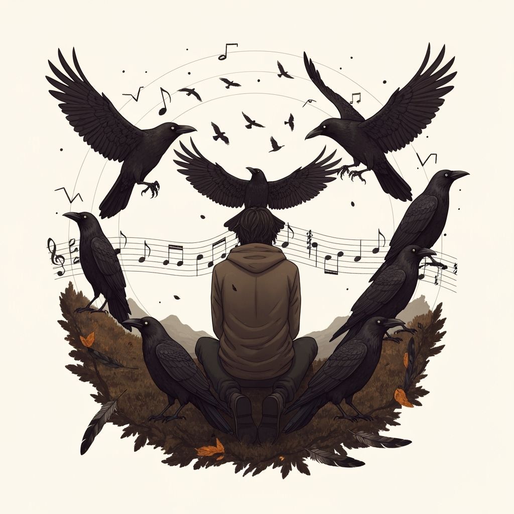 Stylized Figure with Crows Amidst Musical Landscape