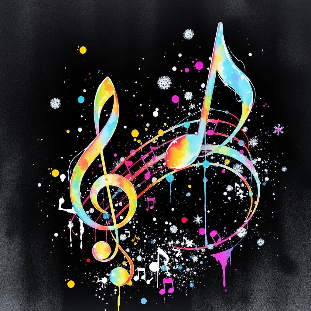 Iridescent Musical Notes in Watercolor Splatter