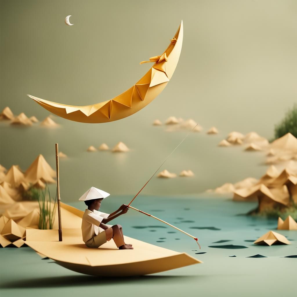 Boy Fishing on Moon, Kano School Style