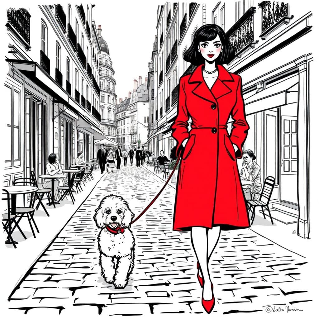 Parisienne in Red Coat Walking Poodle: Elegant Illustration
